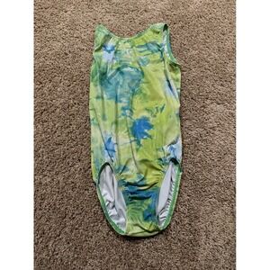GK Elite Gymnastics Leotard Girls Small Green Blue Tie Dye Shimmer Tank Scoop